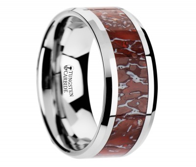 JURASSIC Red Dinosaur Bone Inlaid Tungsten Carbide Beveled Edged Ring - 4mm & 8mm