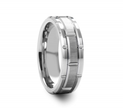 WARWICK Beveled Tungsten Carbide Wedding Band with Brush Finished Center and Alternating Grooves - 8mm