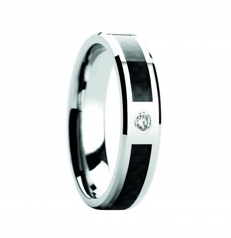 CAYMAN Tungsten Carbide Ring with Black Carbon Fiber and White Diamond Setting with Bevels - 8mm