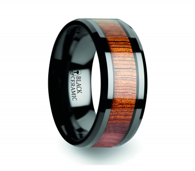ACACIA Koa Wood Inlaid Black Ceramic Ring with Bevels - 4 mm - 12 mm