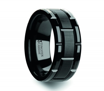 WINDSOR Beveled Black Tungsten Carbide Wedding Band with Brush Finished Center and Alternating Grooves - 8 mm & 10mm