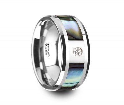 HONOLULU Mother of Pearl Inlay Tungsten Carbide Ring with Beveled Edges and White Diamond - 8mm
