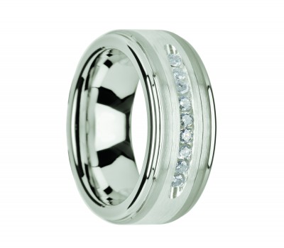 HARPER Tungsten Wedding Band with Raised Center & Brushed Silver Inlay and 9 White Diamonds - 8mm