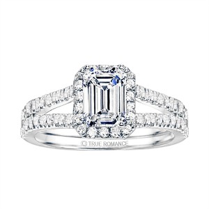 Emerald Cut Split Shank Halo Diamond Engagement Ring