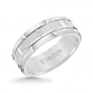White Tungsten Carbide Bevel Edge Comfort Fit Band with Vertical Satin Finish Center and Bright Edges and Cuts