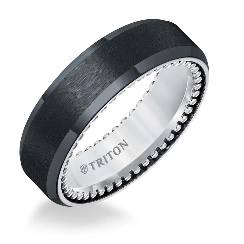 Bevel Edge Black Titanium and Sterling Silver Comfort Fit Band 