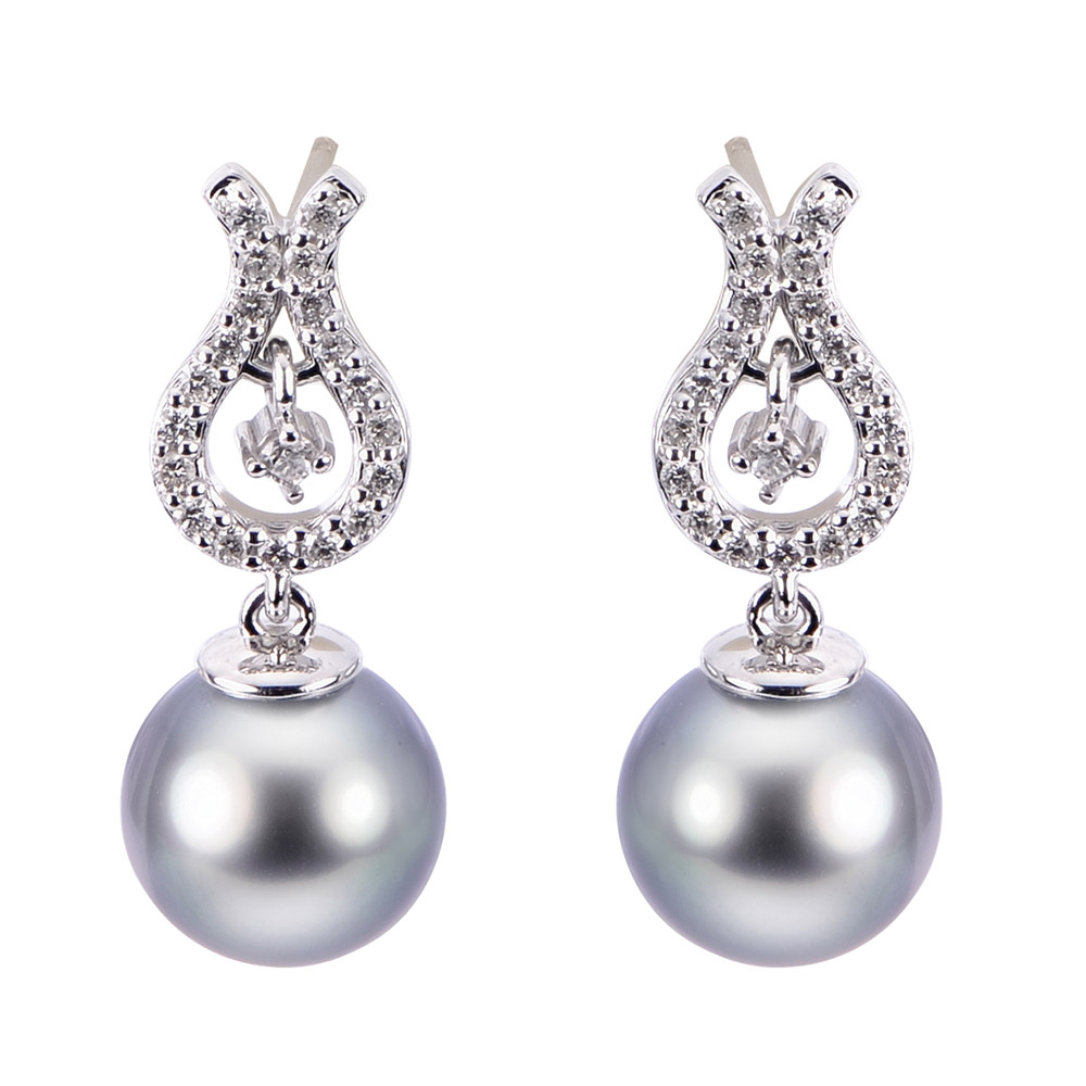 Black Pearl and Diamonds Dangle Drop Earrings - 928338-BWH